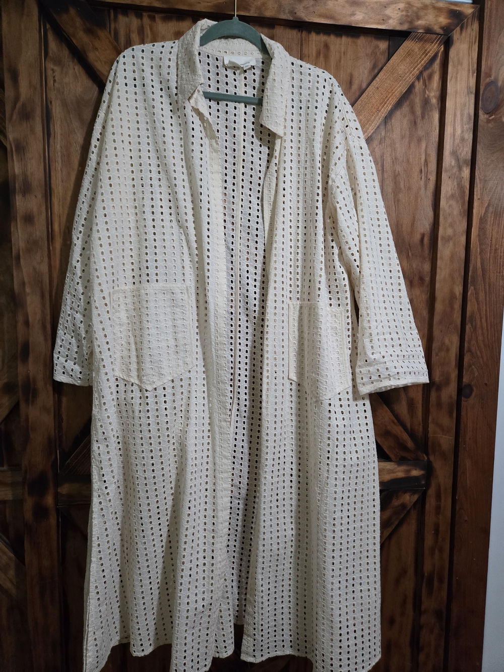 Anthropologie Cream Eyelet Long Trench Coat